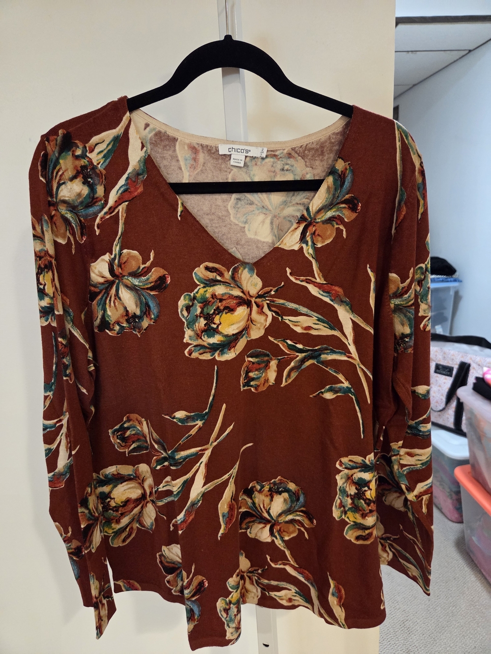Chico's Rust Floral V-Neck Long Sleeve Top